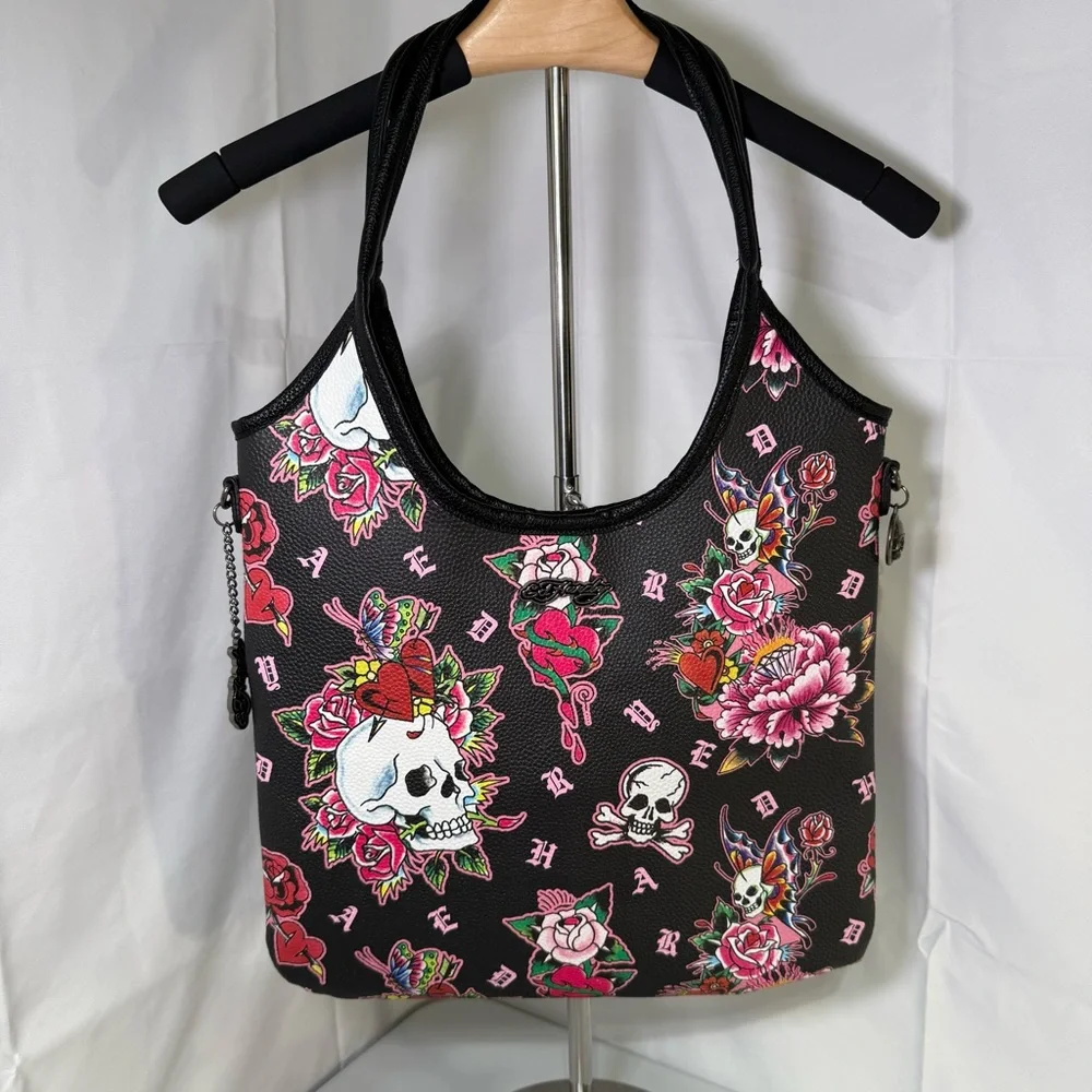 Ed Hardy Skull Rose Tattoo Print Hobo Shoulder Bag Y2K‎